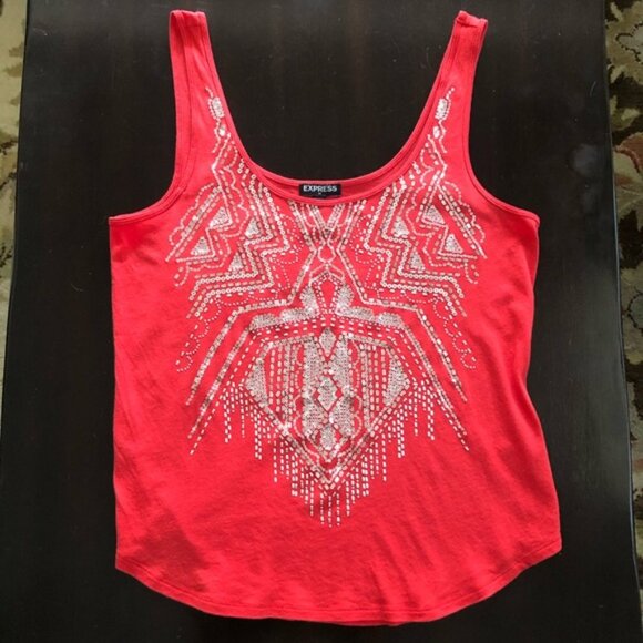Express Embellished Silver Sequin Red Tank Top - Picture 8 of 15